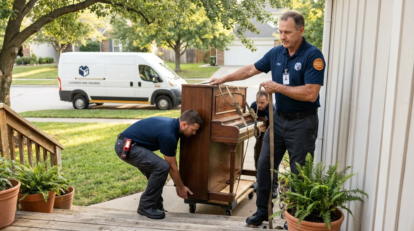 Licensed piano movers securing grand piano in White Salmon, WA