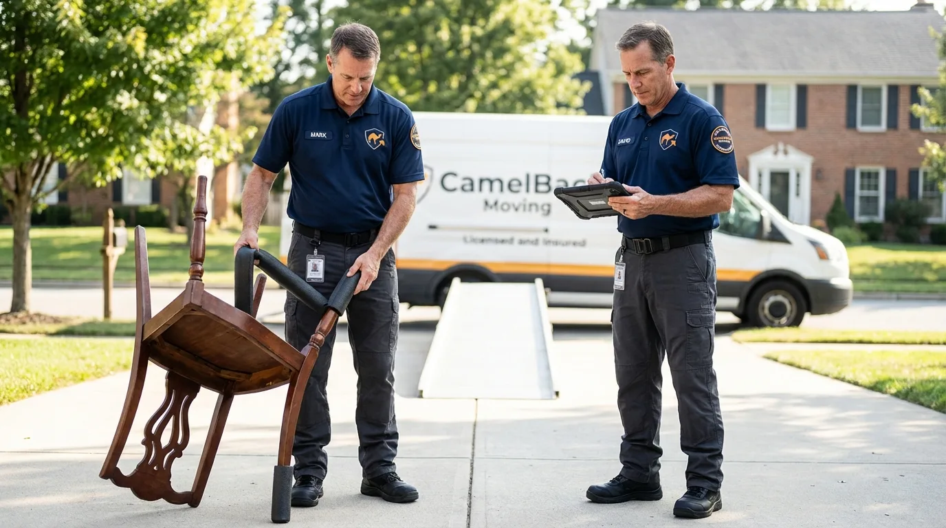 Movers inspecting furniture for damage prevention before loading in White Salmon, WA
